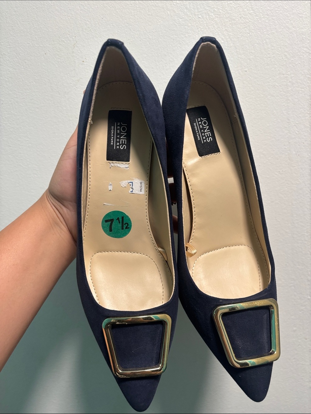 Jones New York Navy Pointed Flats with Gold Buckle Accent